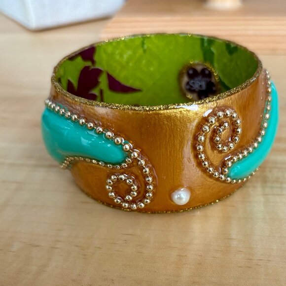 Artisan Statement Bracelet Iris Design Turquoise & Gold Wide Bangle - Picture 6 of 6